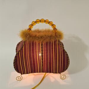 Vintage Handbag Purse Lamp Lucite Stripe Feather Unique Posh Brown Tan 12” MCM
